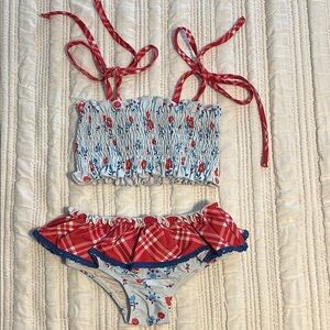Girls 2 piece floral and plaid swimsuit
